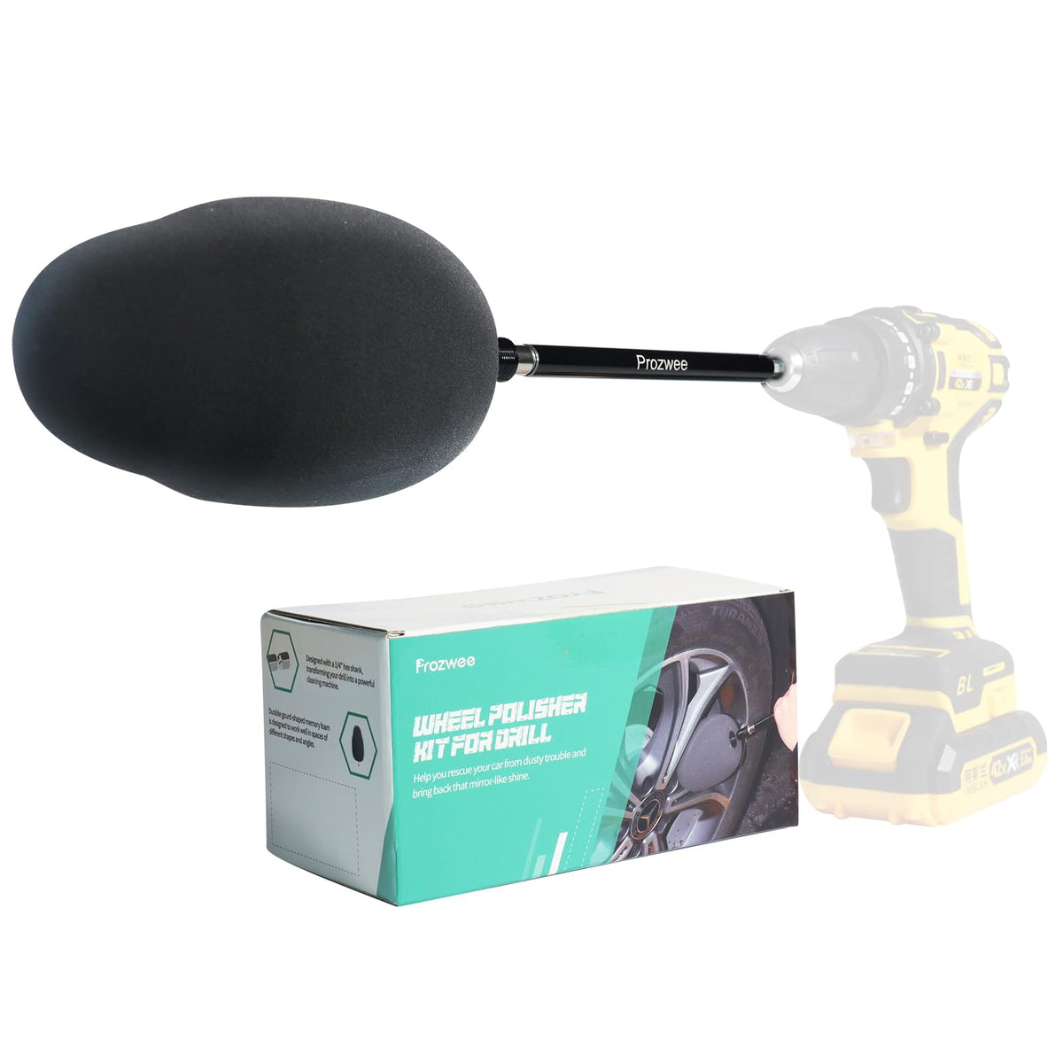 Prozwee front view of wheel polisher showing fit and quick-install benefit