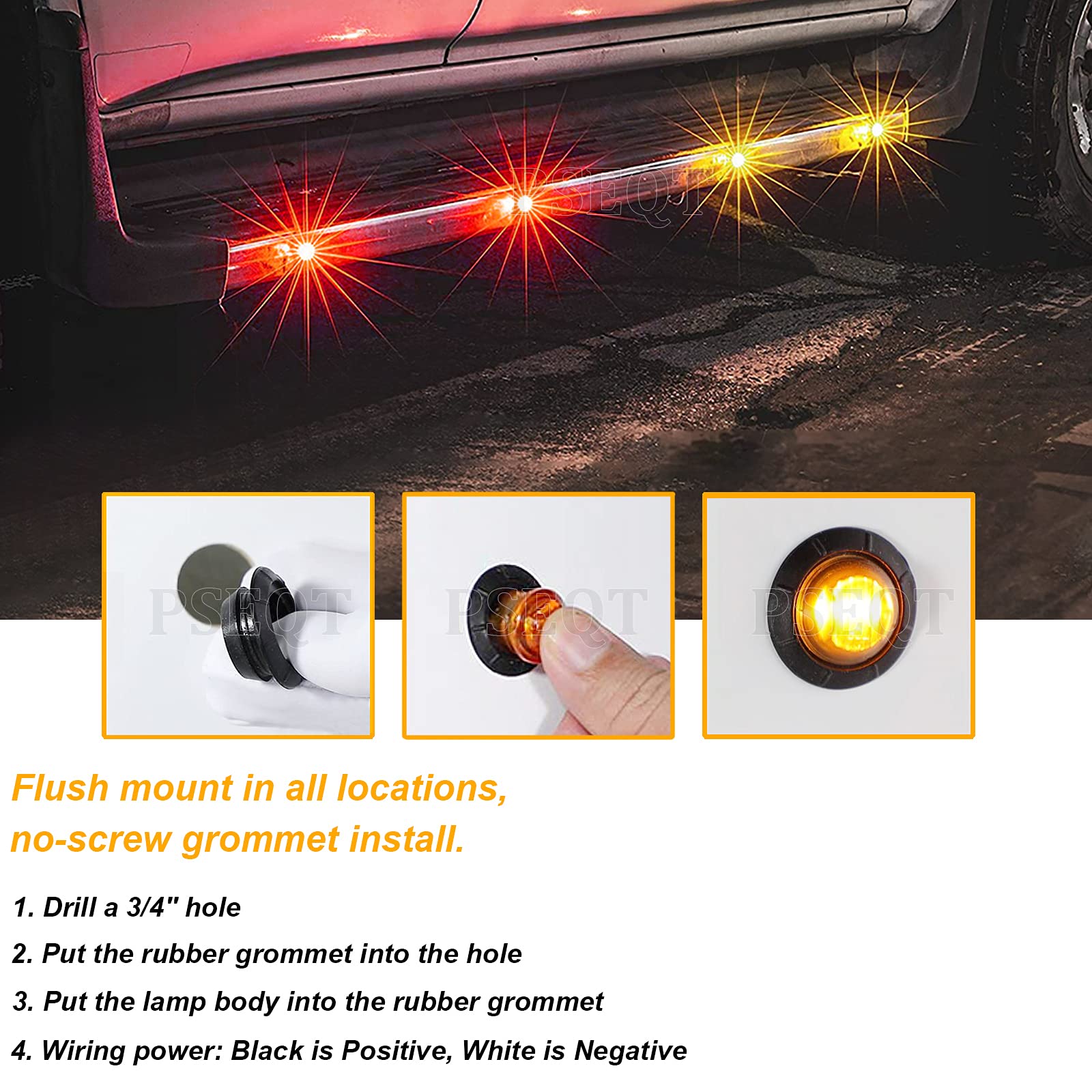 PSEQT red and amber markers illuminated at night showing high visibility and clear signaling
