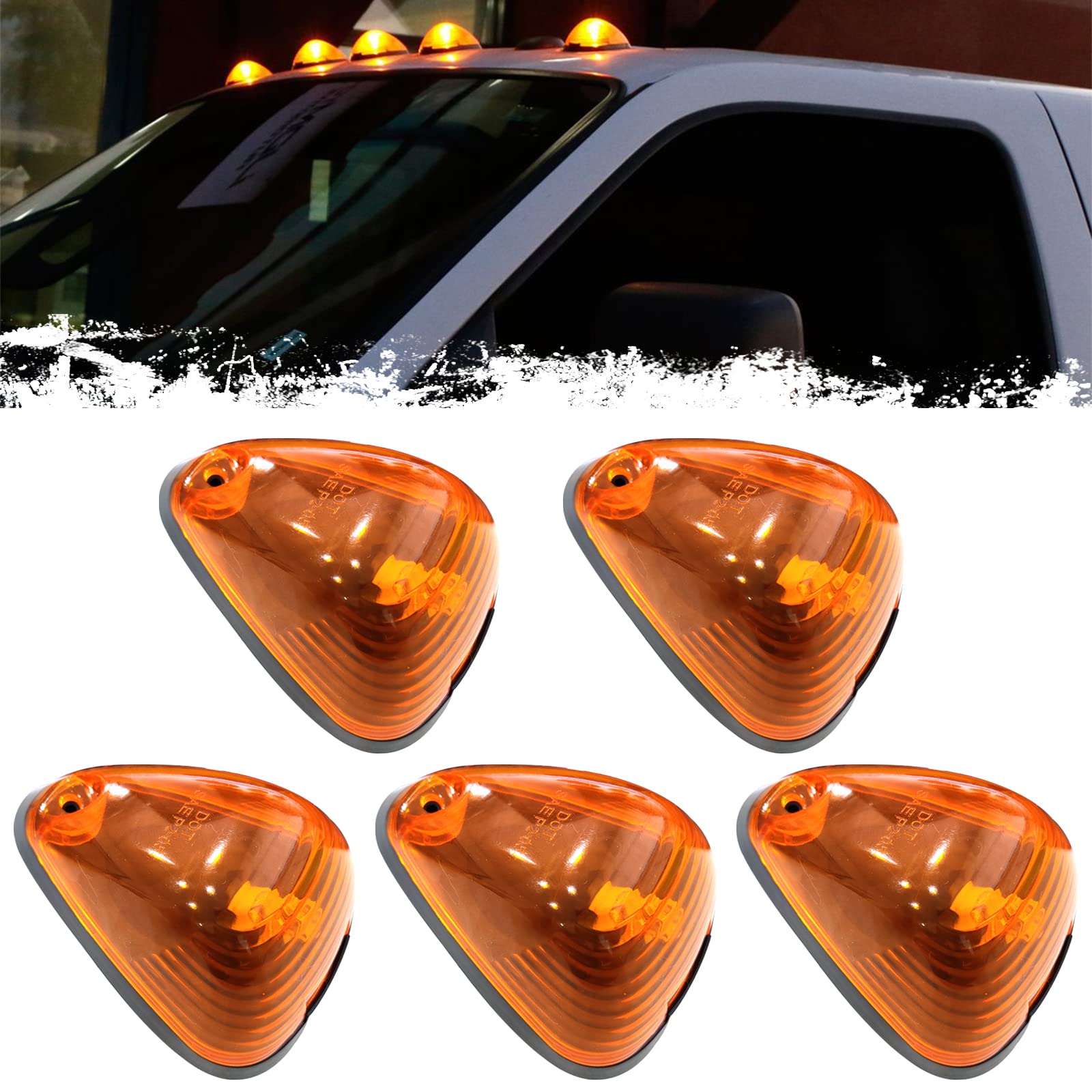PSEQT front view of five amber cab roof lights showing uniform fit and bright output