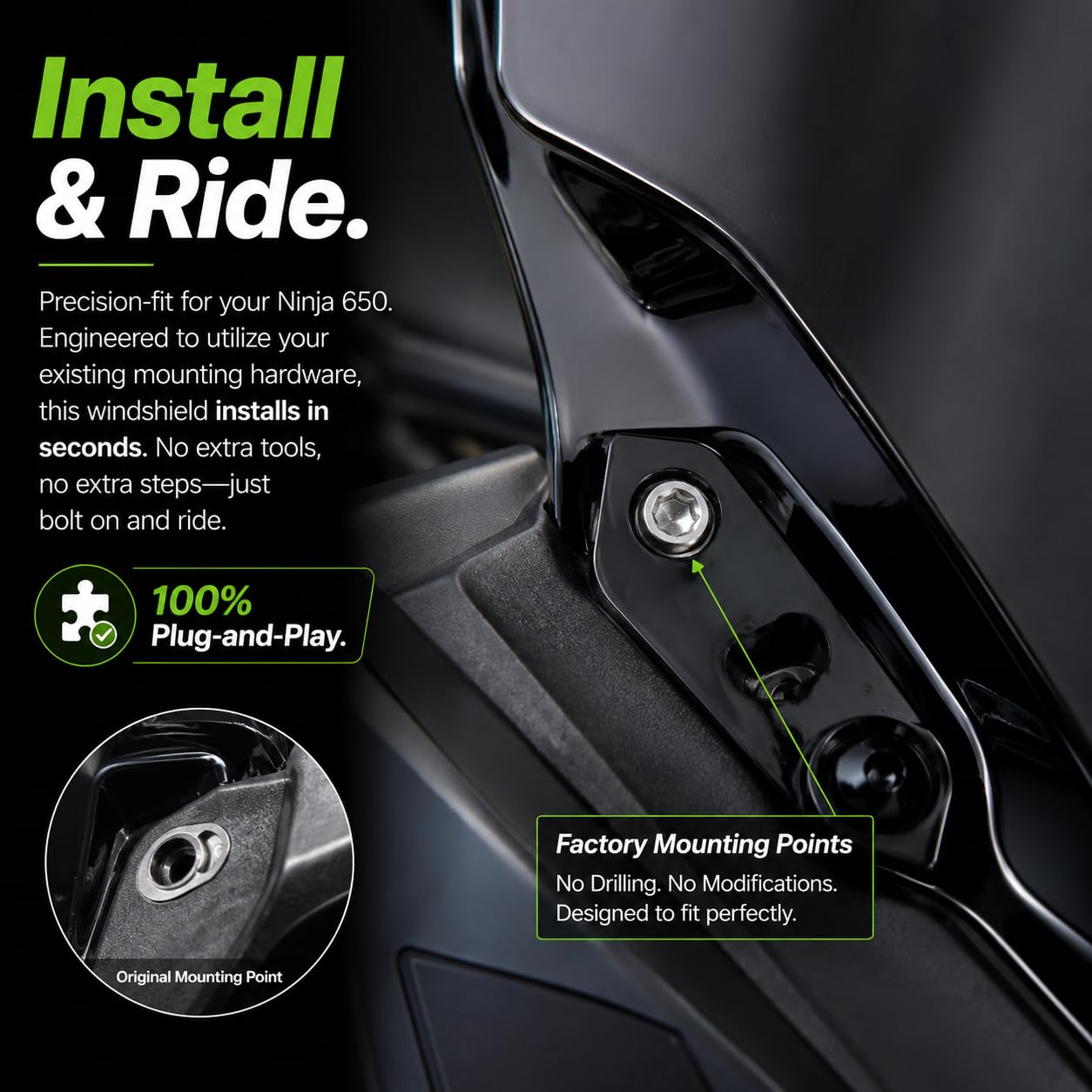 PSLER windshield on Ninja 650 in motion lifestyle shot emphasizing rider comfort