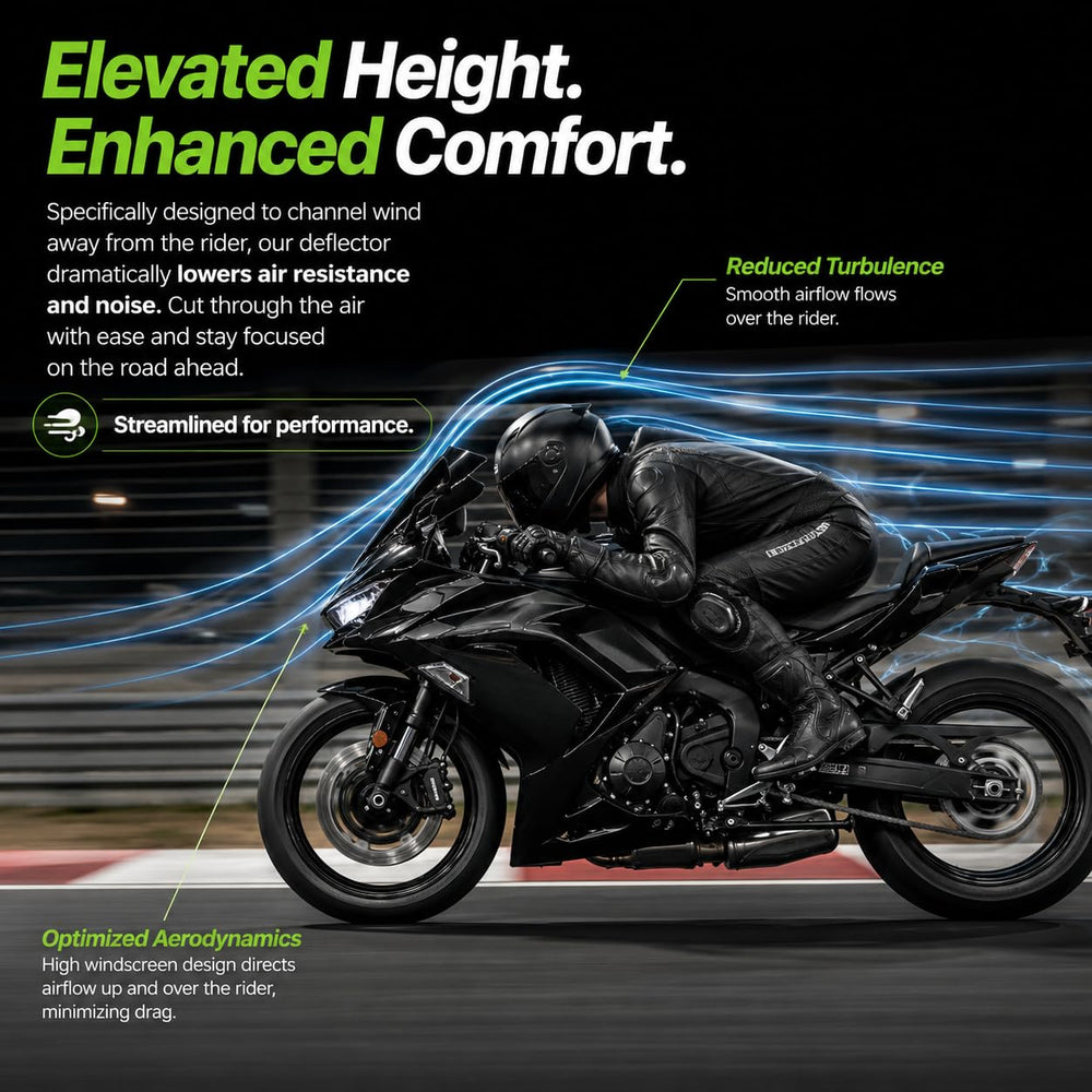 PSLER windshield mounted on Ninja 650 ER6F demonstrating wind protection in use