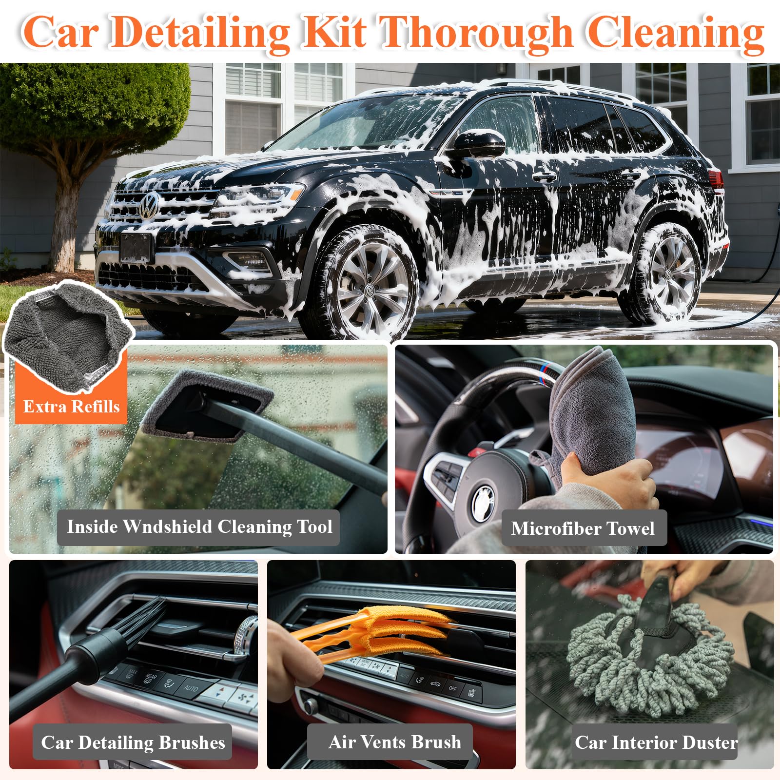 PuliKit wheel and tire brushes arranged to remove brake dust and restore rim shine