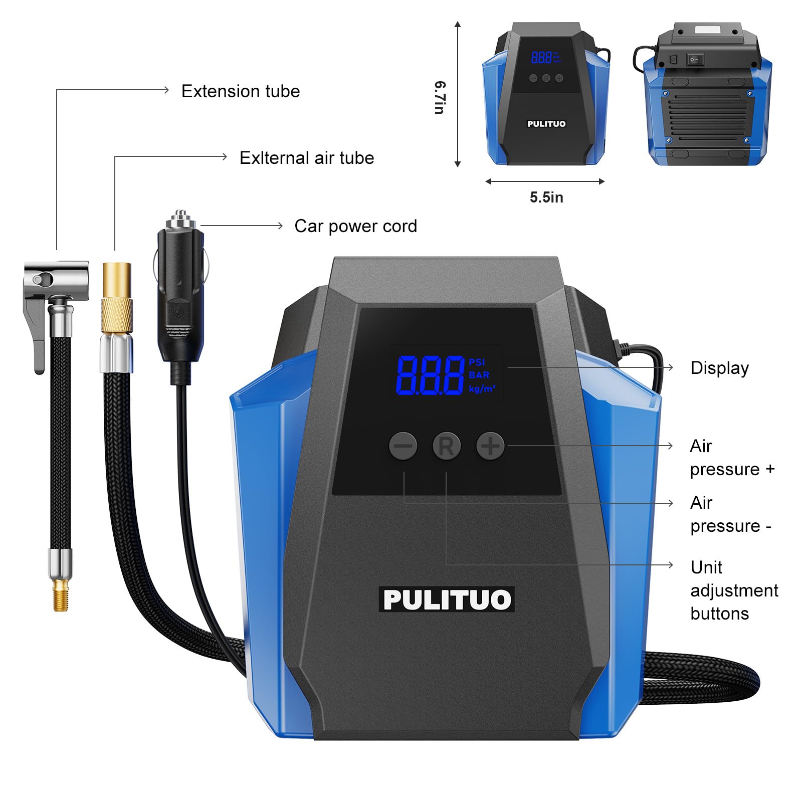 PULITUO included adapters and nozzles laid out for multi-use inflation tasks