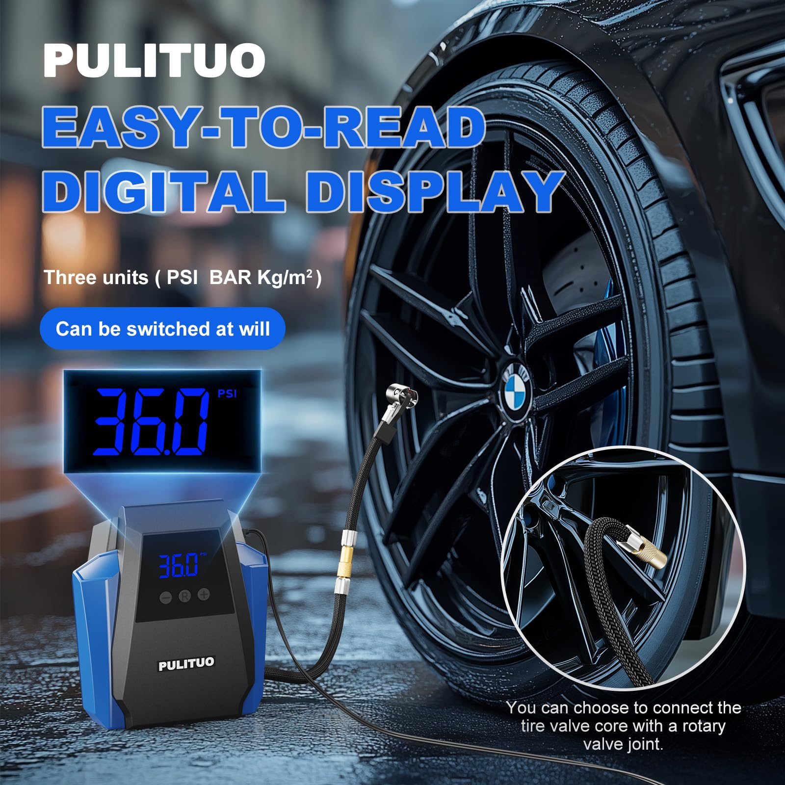 PULITUO closeup digital gauge displaying pressure for accurate inflation control