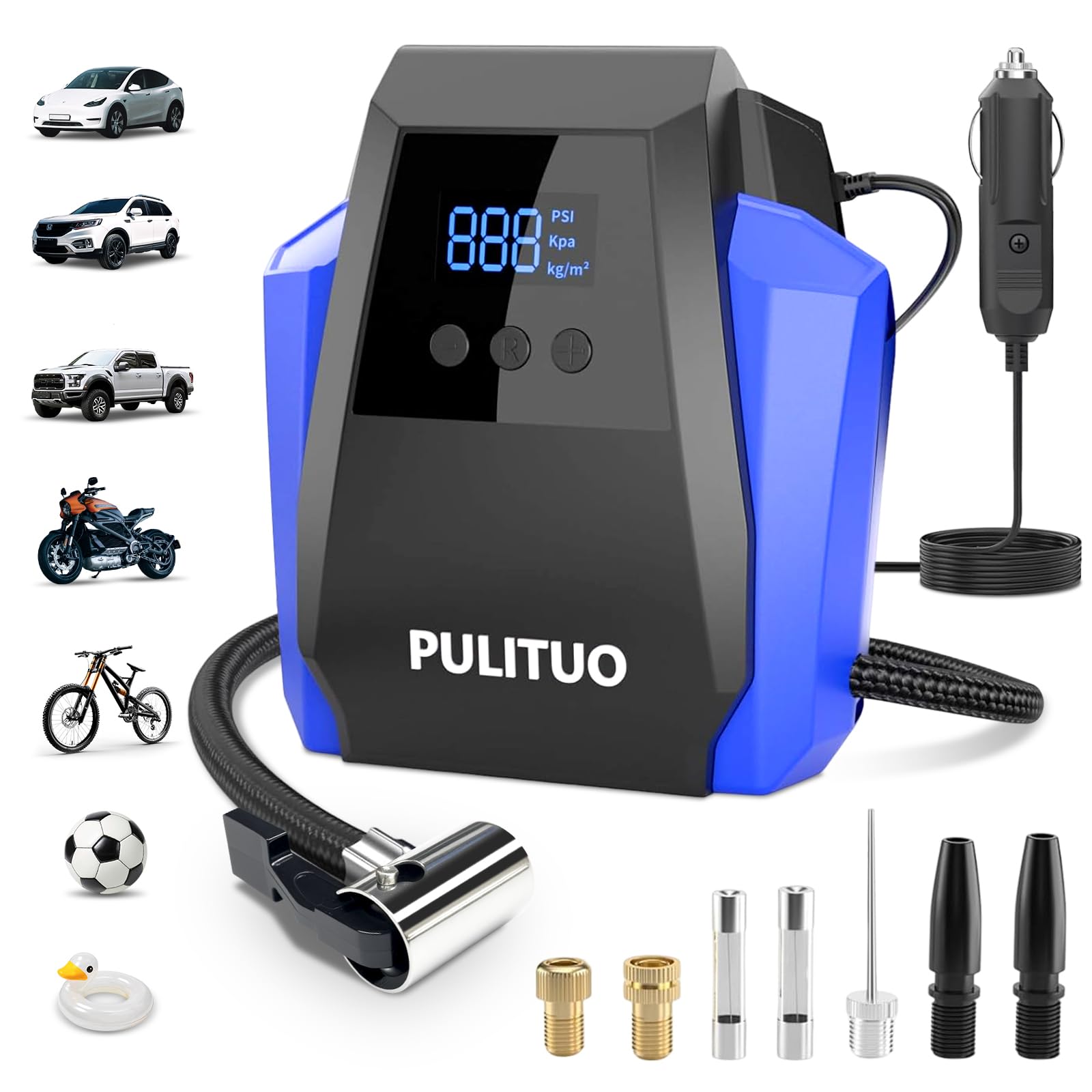 PULITUO front view of compact inflator showing controls and blue housing for easy storage