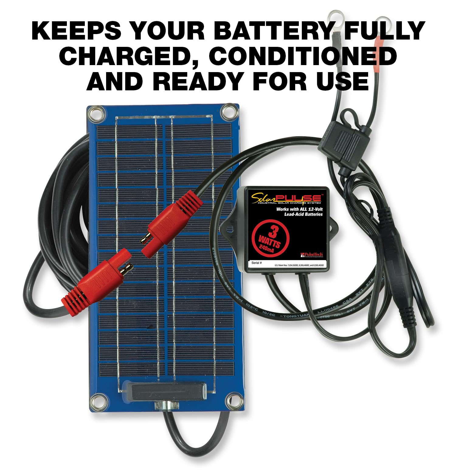 PulseTech SolarPulse connected to a 12V battery illustrating simple installation and upkeep