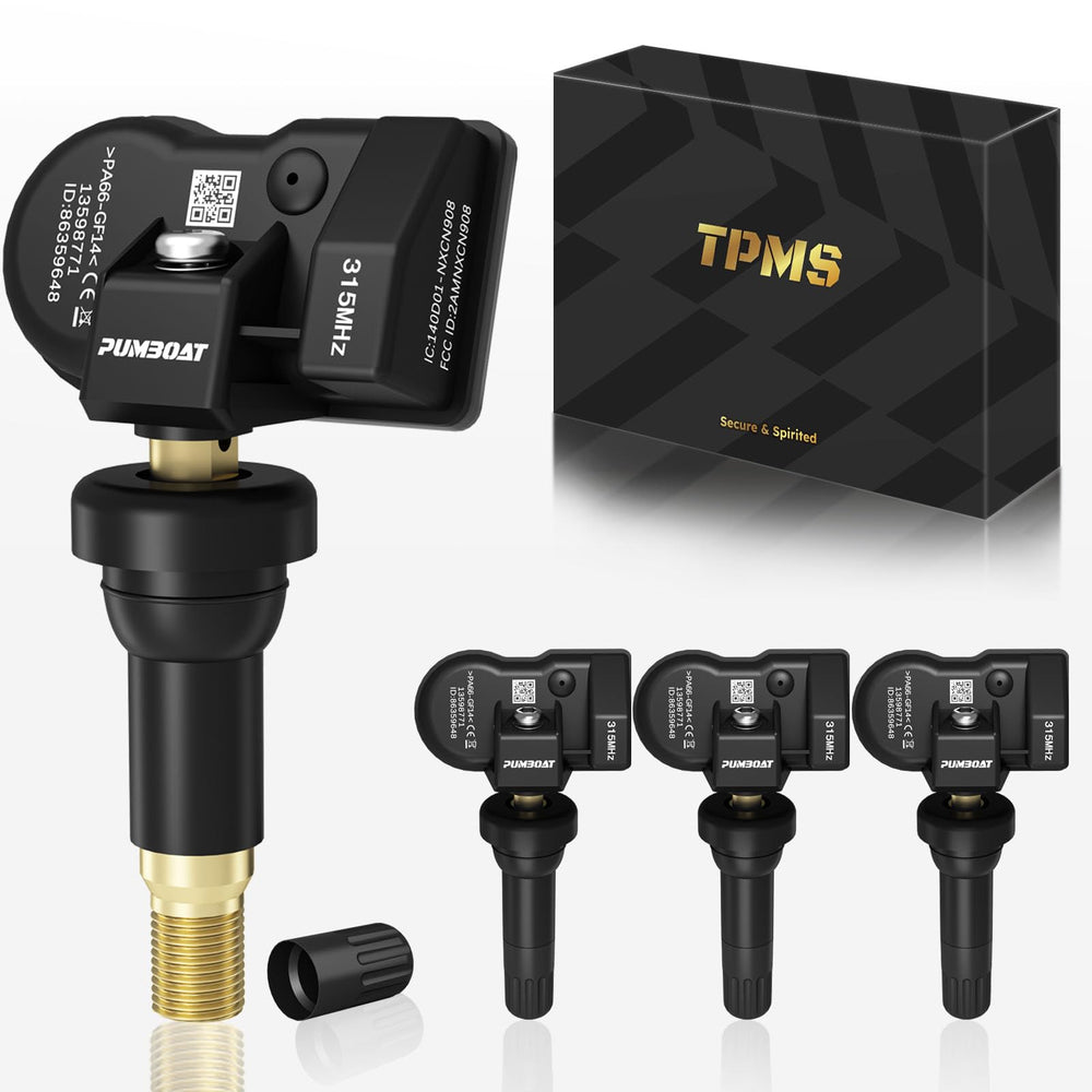 PUMBOAT TPMS front view showing sensor body and fit benefits