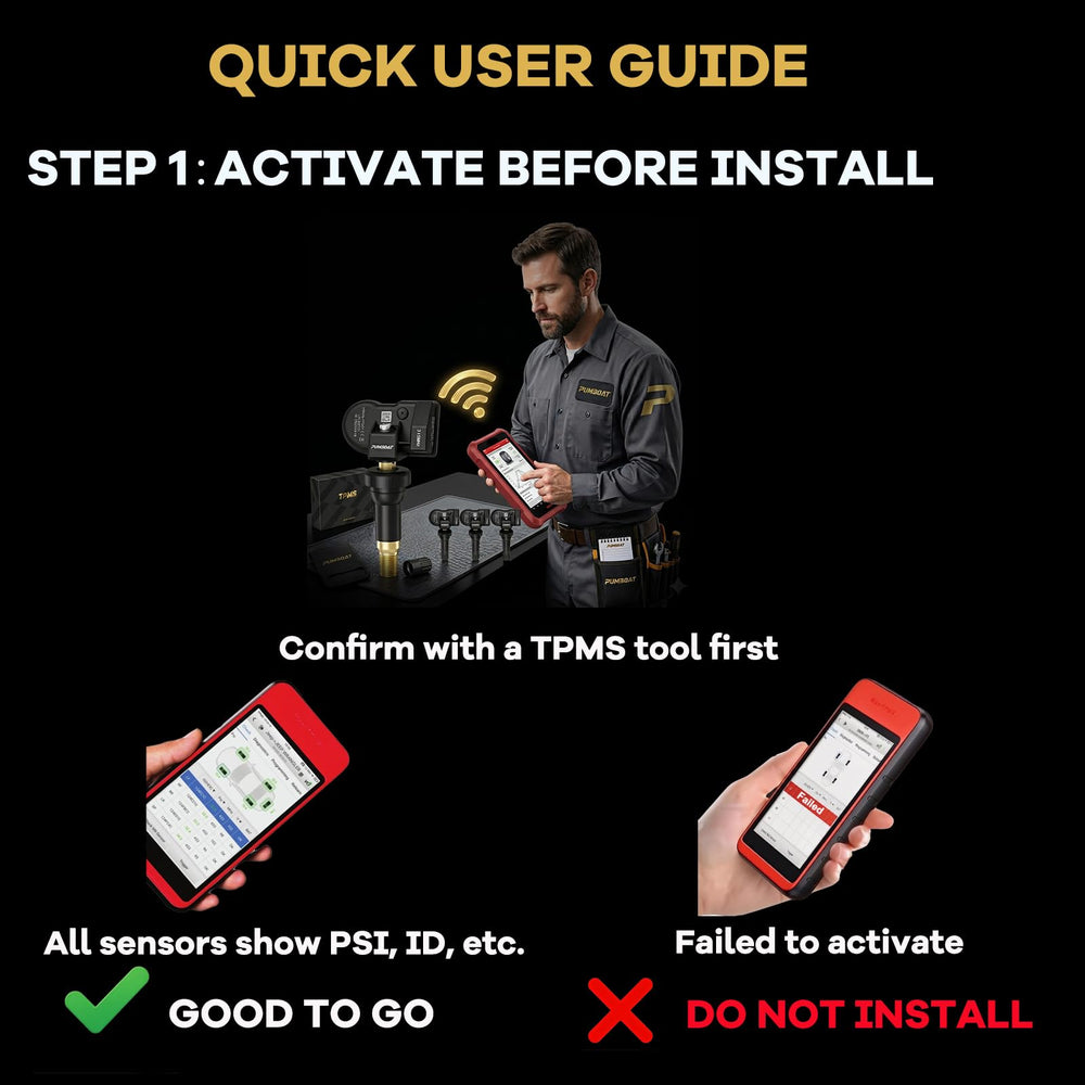 PUMBOAT TPMS tool activation in use showing quick 30s pairing benefit