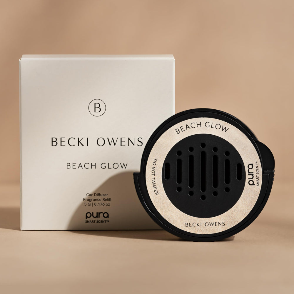 Pura Beach Glow close-up label highlighting scent notes and safe formulation benefit
