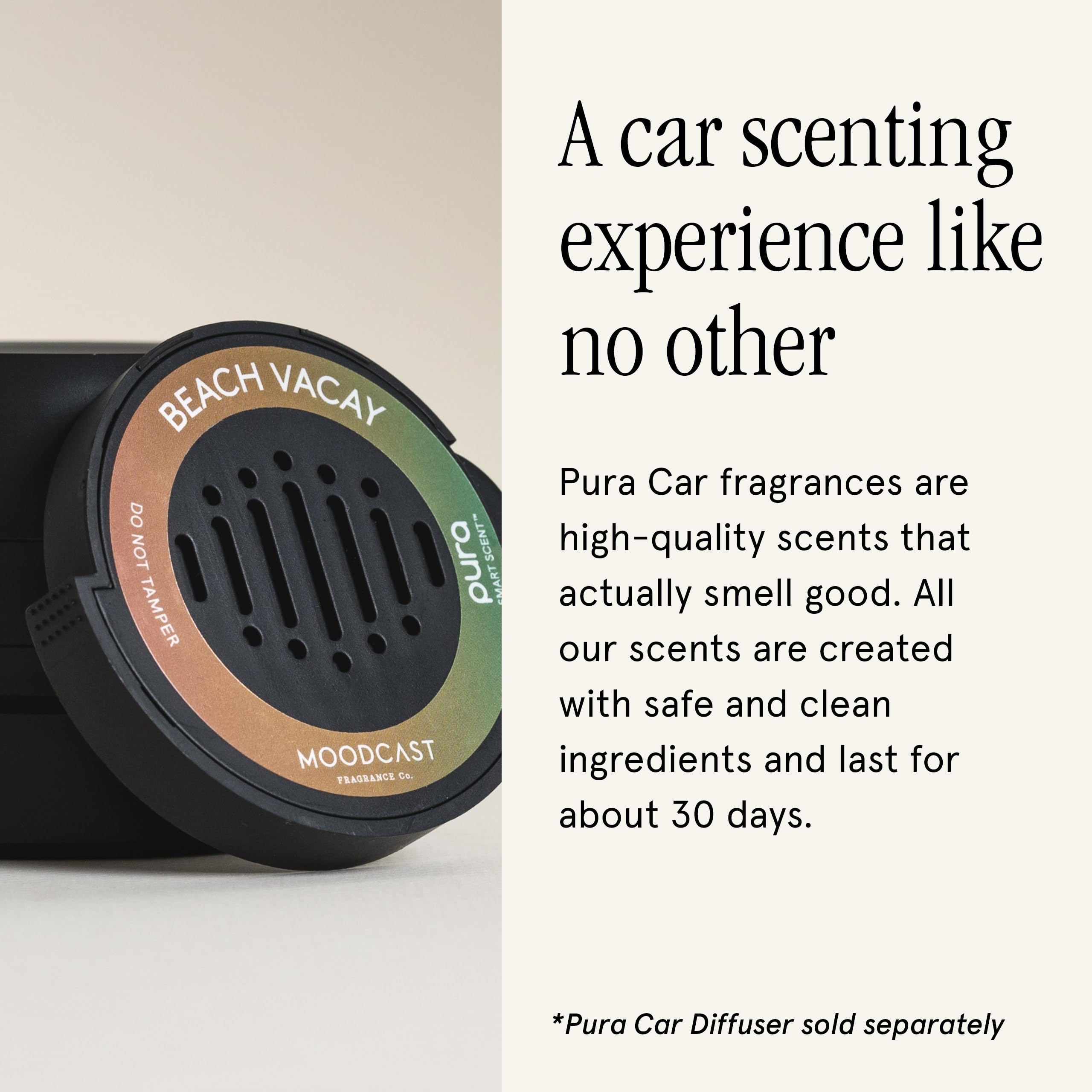 Pura Beach Vacay installed in Pura Car diffuser demonstrating motion-activated scent during drive