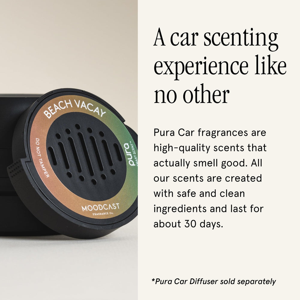 Pura Beach Vacay installed in Pura Car diffuser demonstrating motion-activated scent during drive
