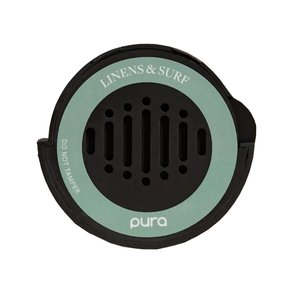 Pura Linens & Surf front packaging showing refill benefits