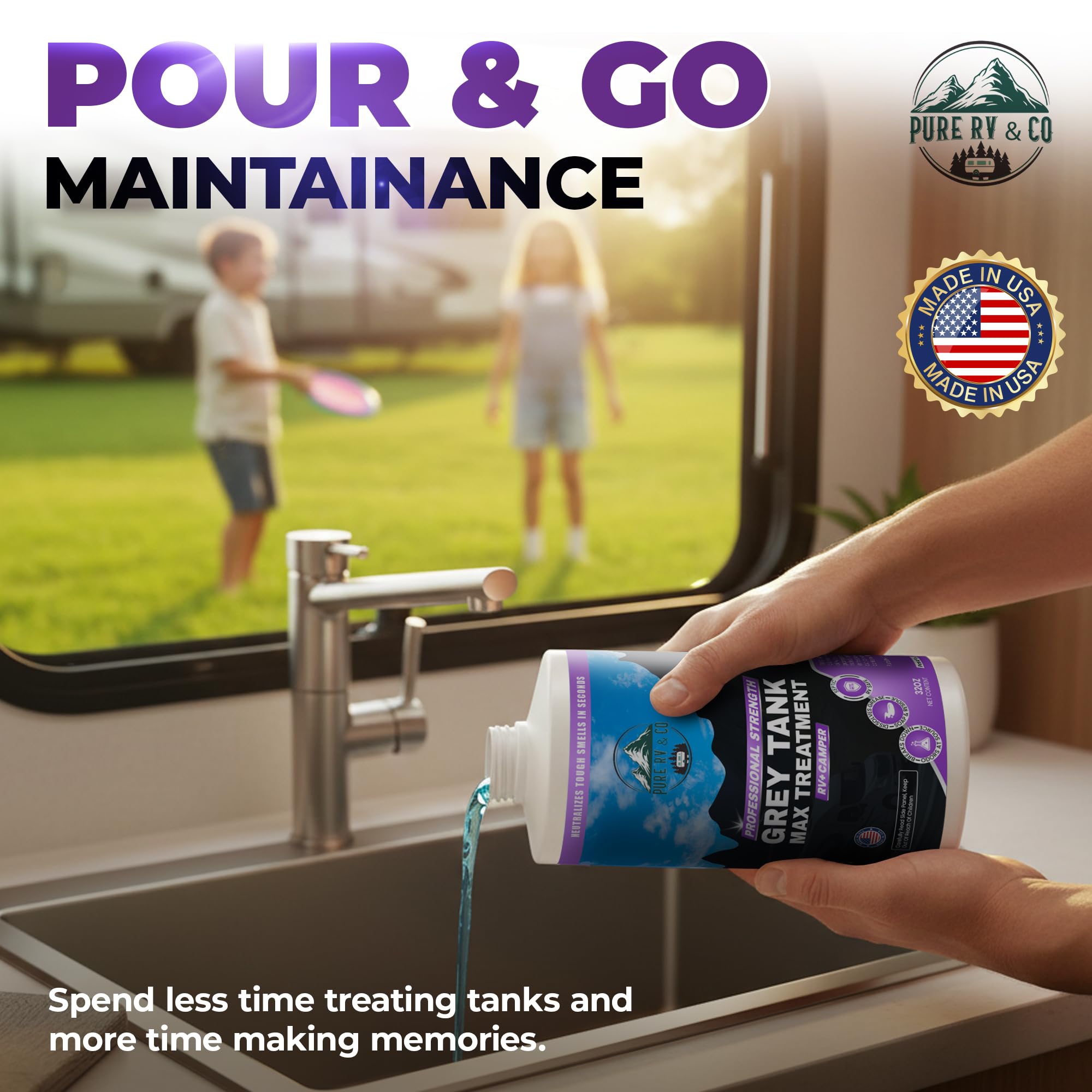 Pure RV used at camper sink drain improving flow and preventing clogs