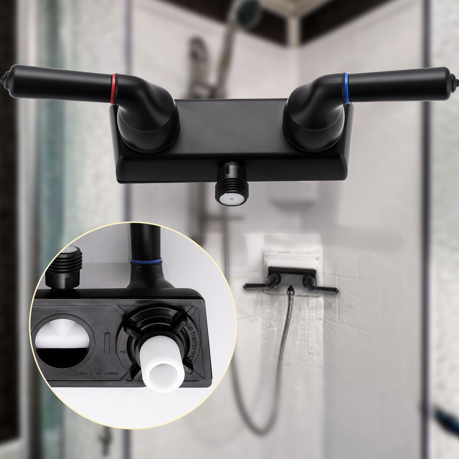 PureHaven installed in camper shower demonstrating compact fit and clean styling