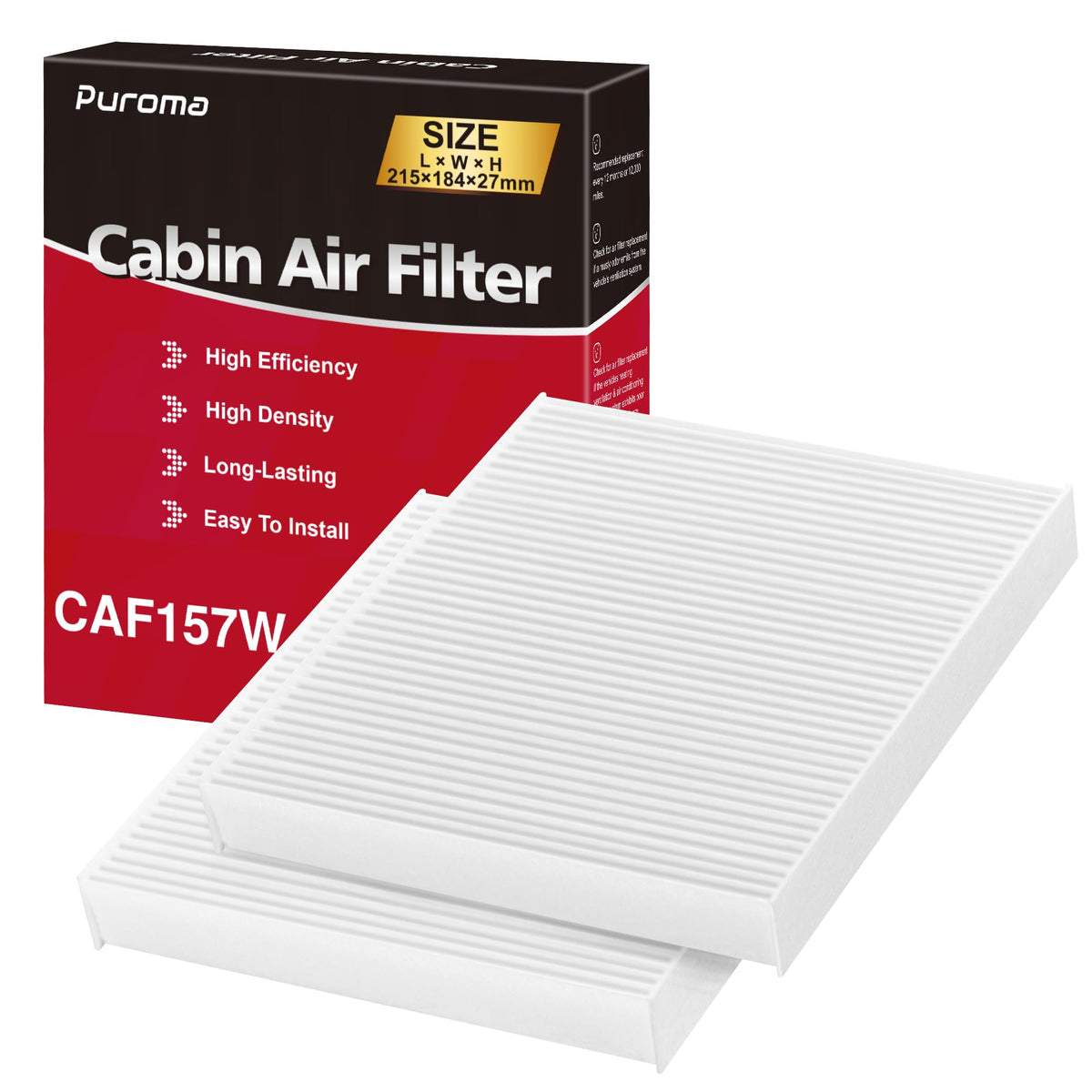 Puroma front packaging showing CP157 filter and fitment benefits