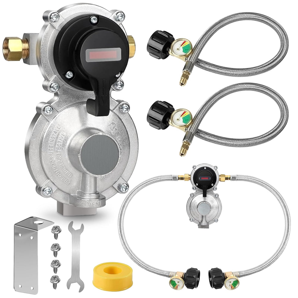 PYXGLAQ regulator front view showing durable brass body and clear labeling for reliability
