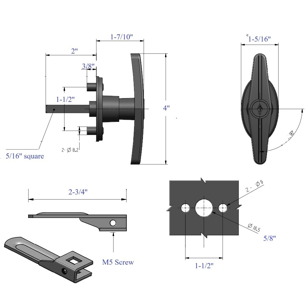 QANVEE shaft and hole comparison illustrating 5/8-inch mount and 1-5/8-inch shaft fit