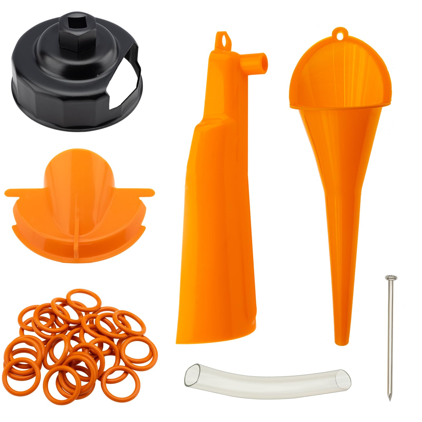 QHDSGZS kit front layout showing tools and funnels for clean oil changes