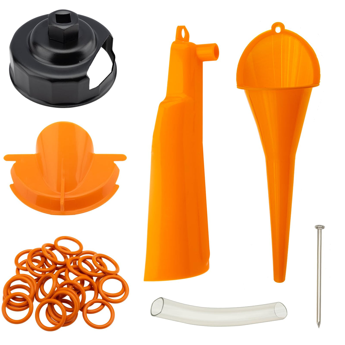 QHDSGZS kit front layout showing tools and funnels for clean oil changes
