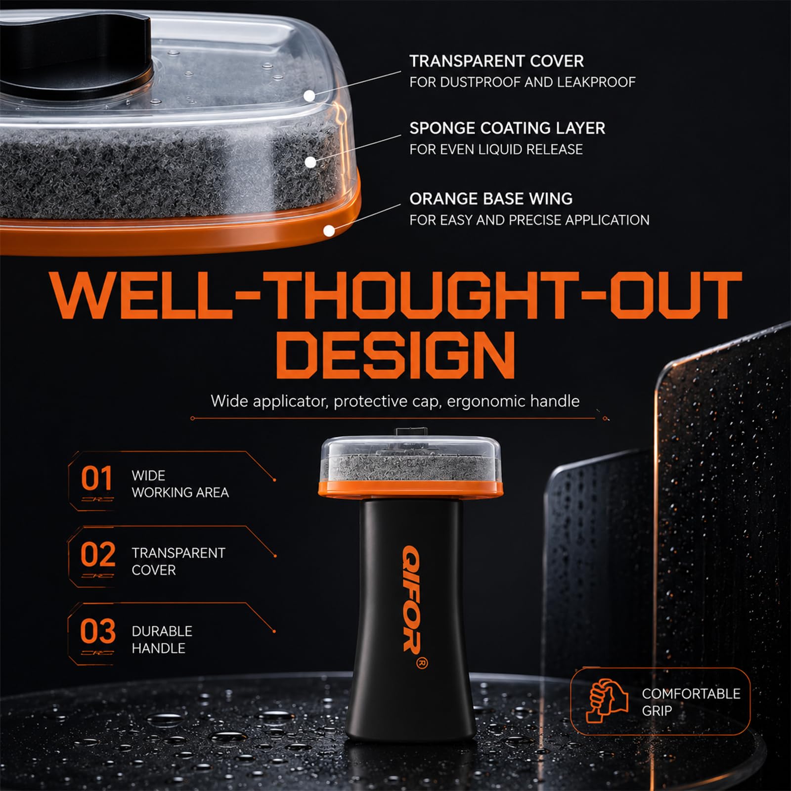 QIFOR bottle staged with microfiber towel for easy, streak-free wiping