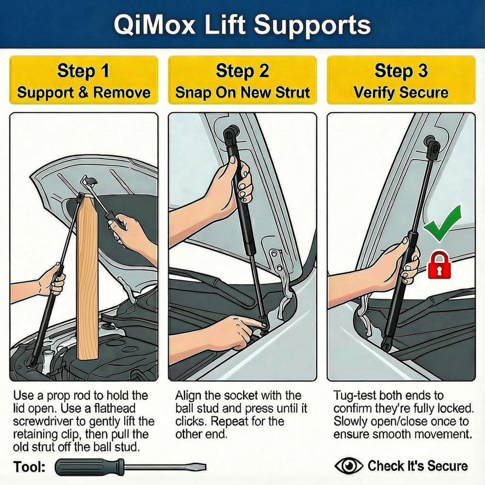 QiMox hood struts installed with open hood side profile showing steady hold benefit