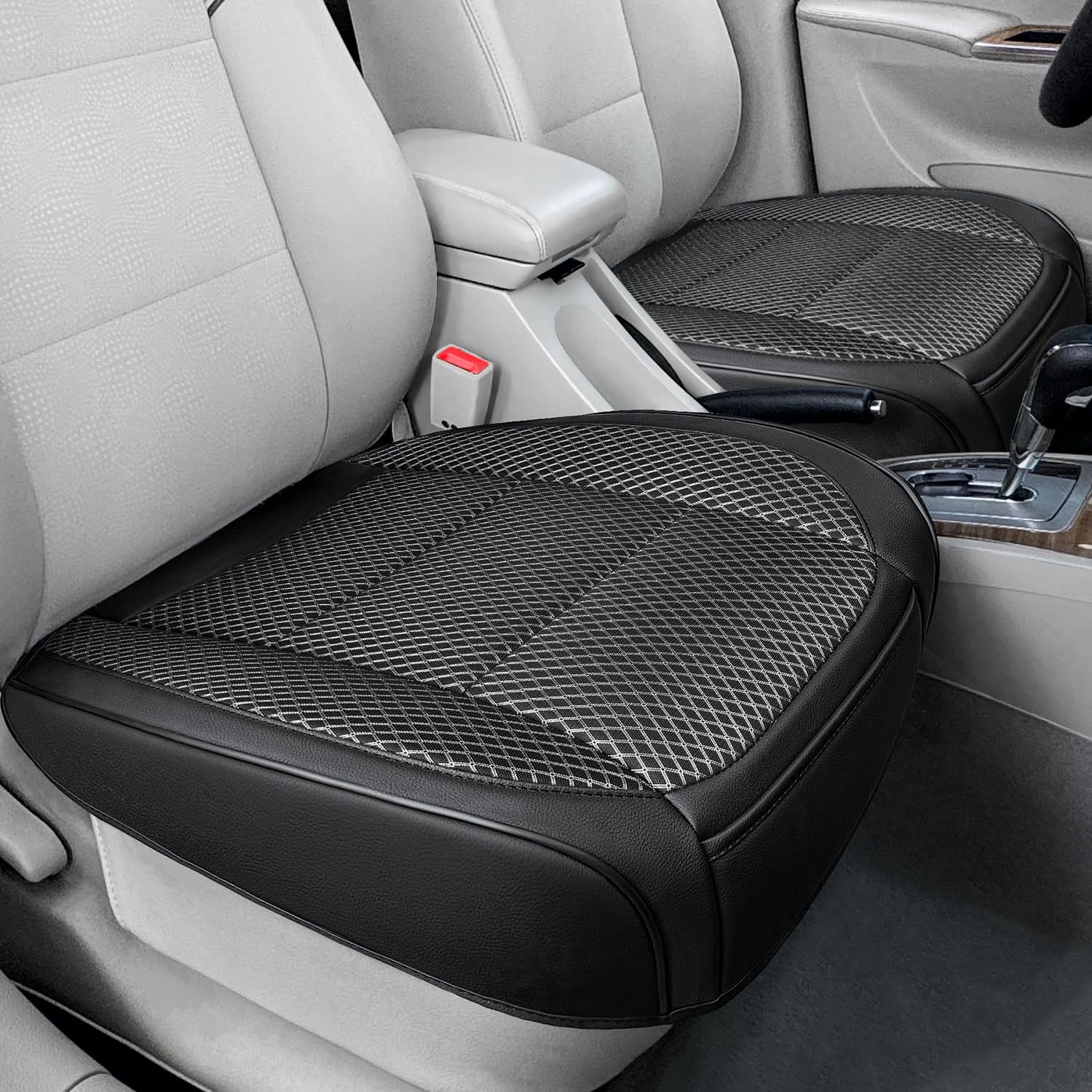 Qinlive front view of two black ventilated bottom seat covers showing clean fit and protection