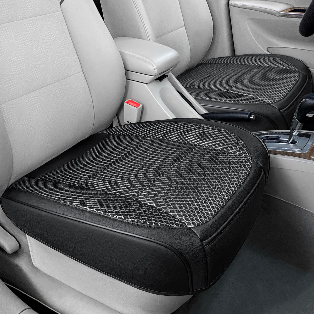 Qinlive front view of two black ventilated bottom seat covers showing clean fit and protection