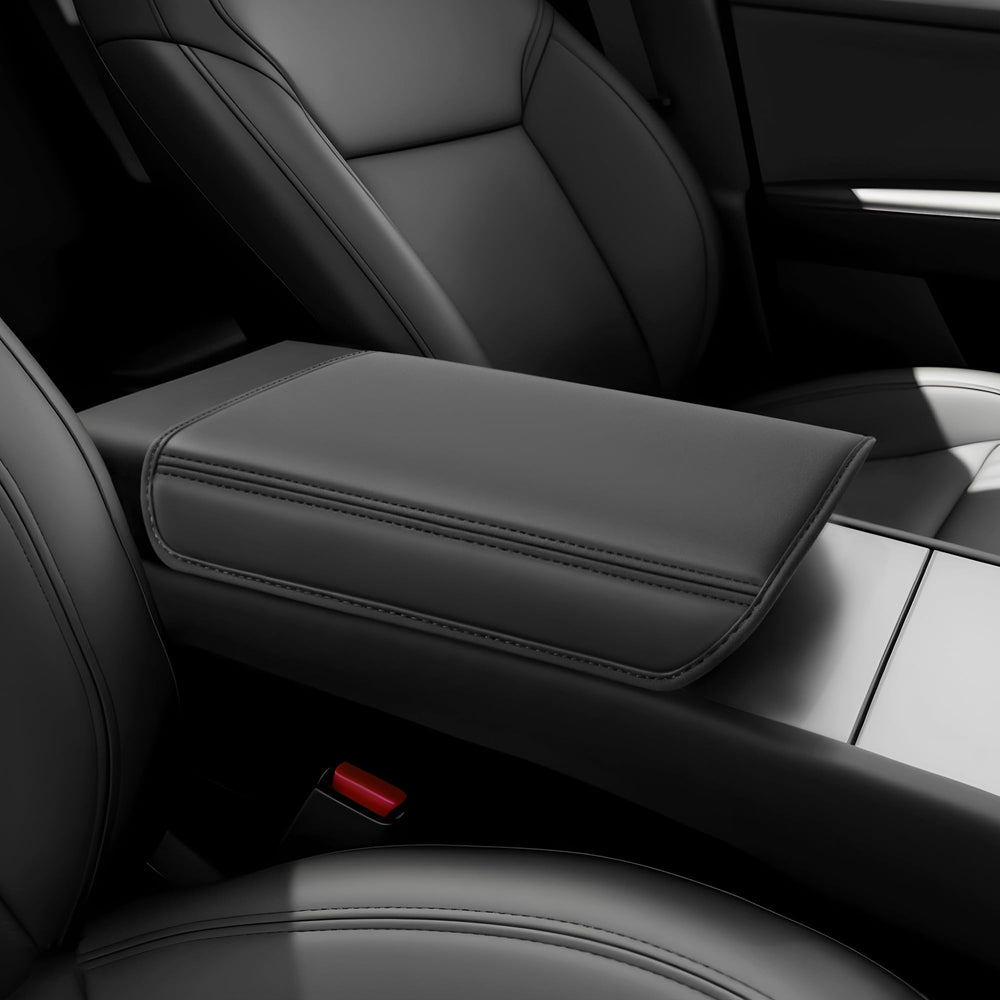 QINQINTU front view of leather center console cover showing sleek fit and protection