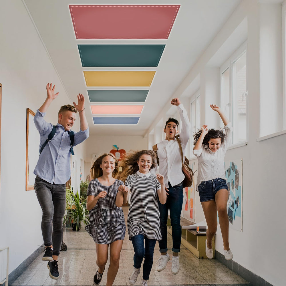 QOUBAI installed on a drop ceiling displaying even diffused light and reduced glare benefit