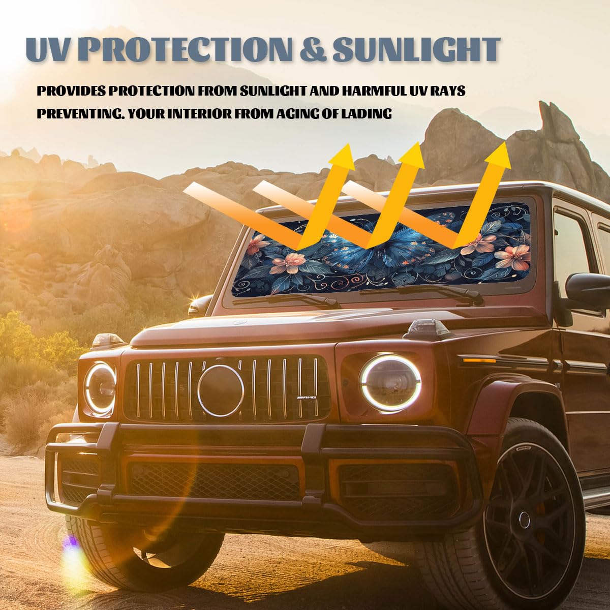 Qoueucc installed on windshield reducing heat and protecting dashboard