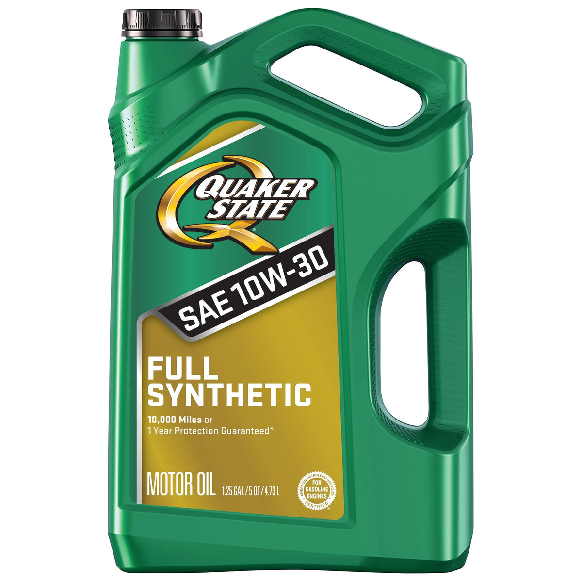 Quaker State front jug view showing product and easy-pour handle benefit