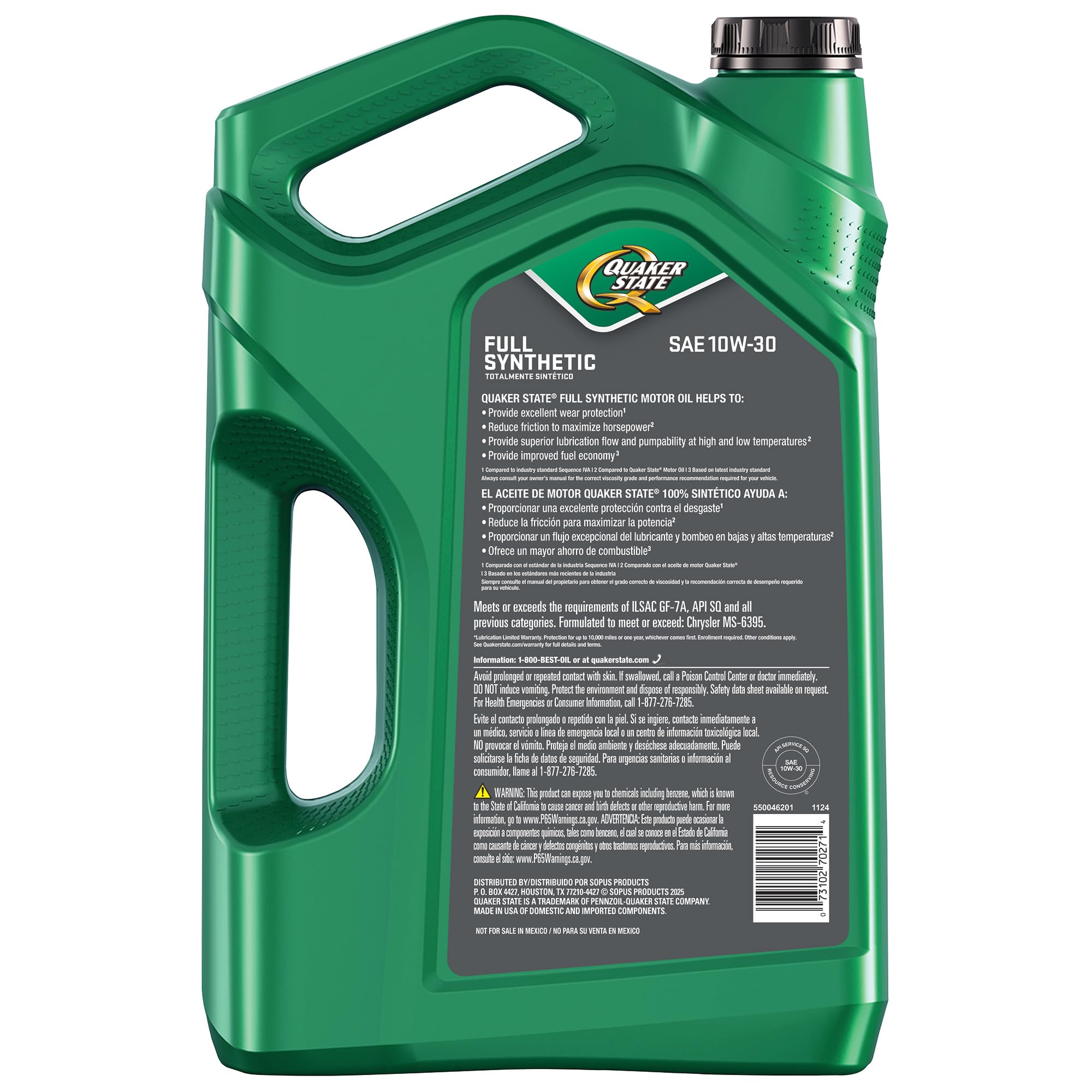 Quaker State label close-up highlighting viscosity grade and protection details