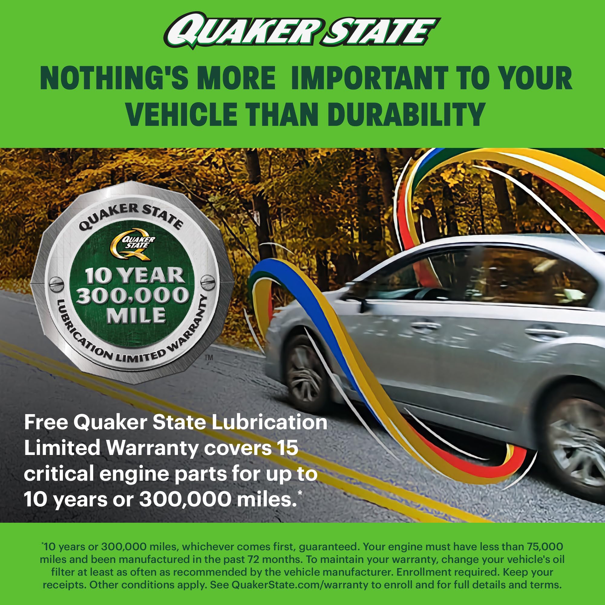 Quaker State 5-quart bottle next to ruler showing size and capacity