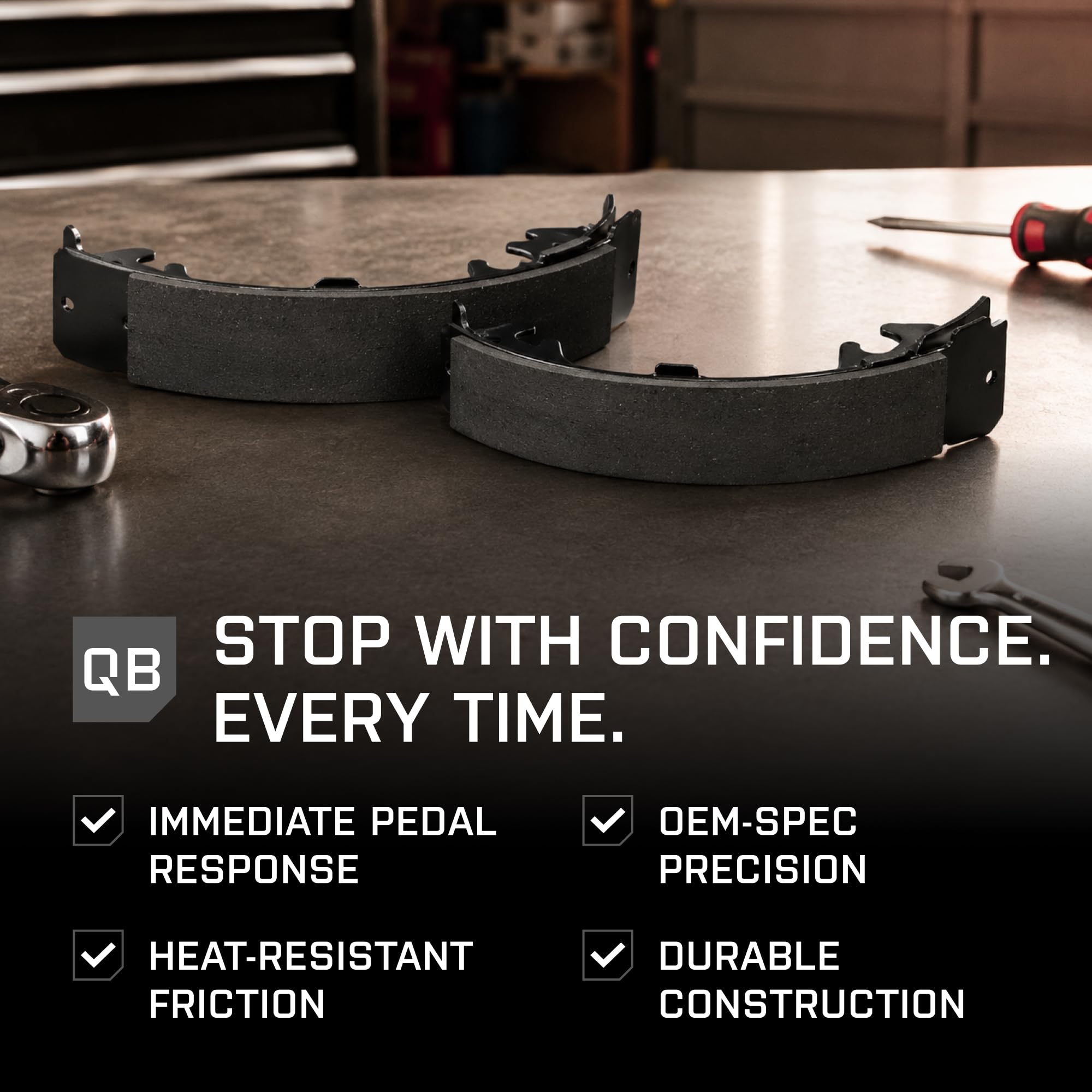 Quality-Built brake shoes beside matching drum for a complete system refresh