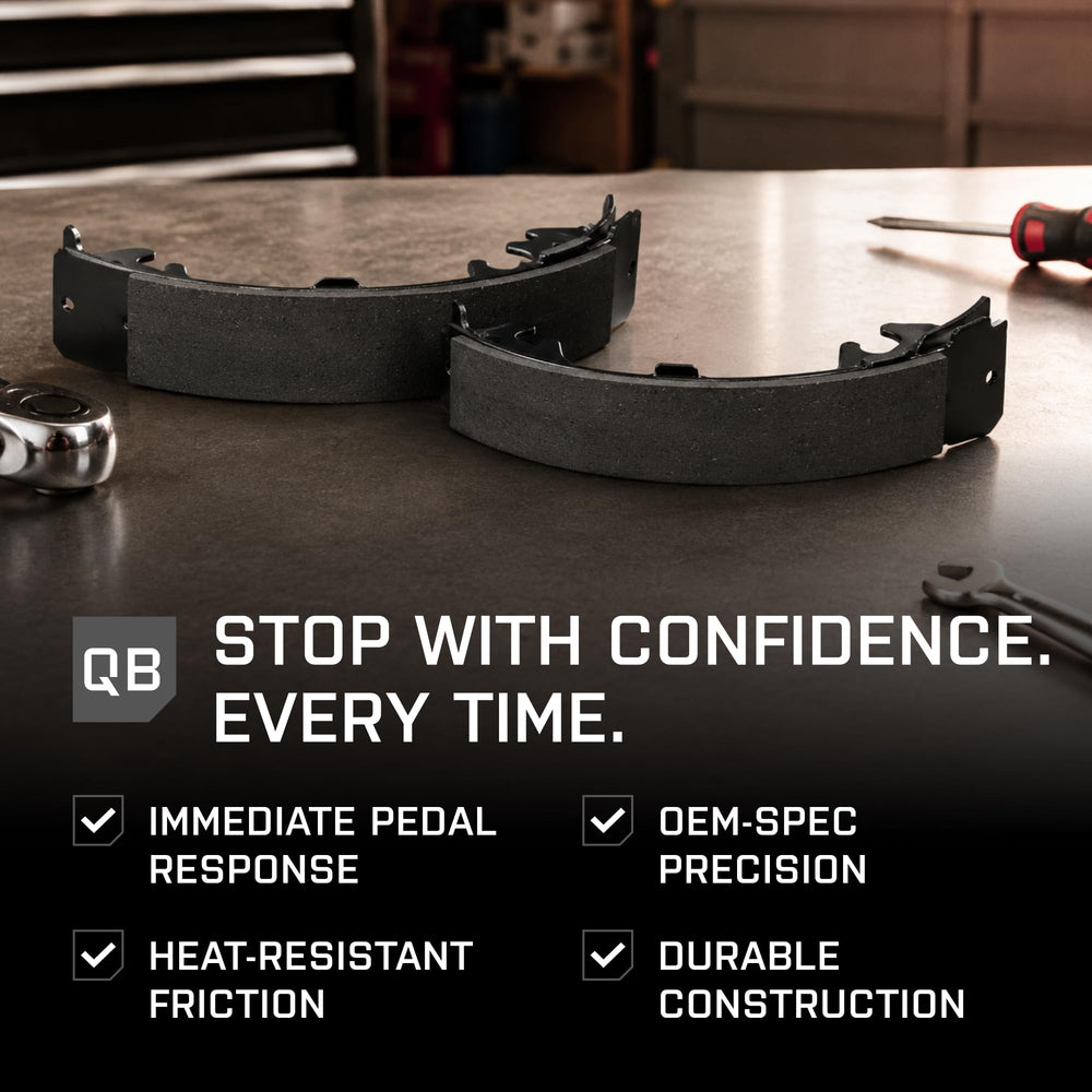 Quality-Built brake shoes beside matching drum for a complete system refresh
