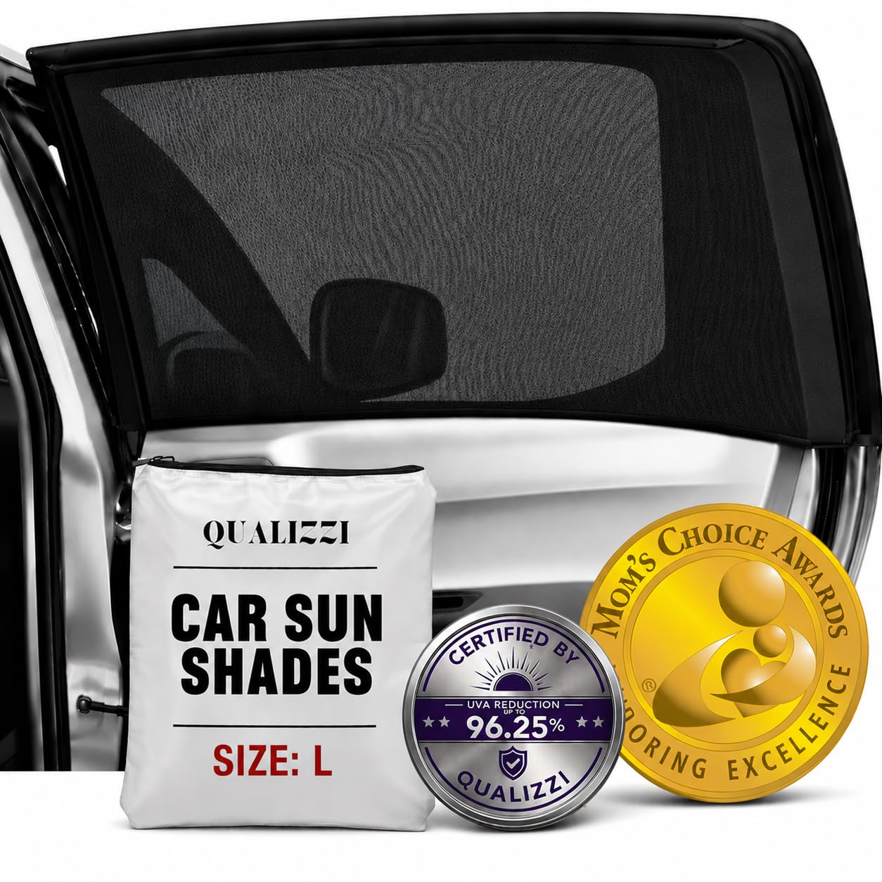 Qualizzi front packaging showing 2-pack shade benefits and fit