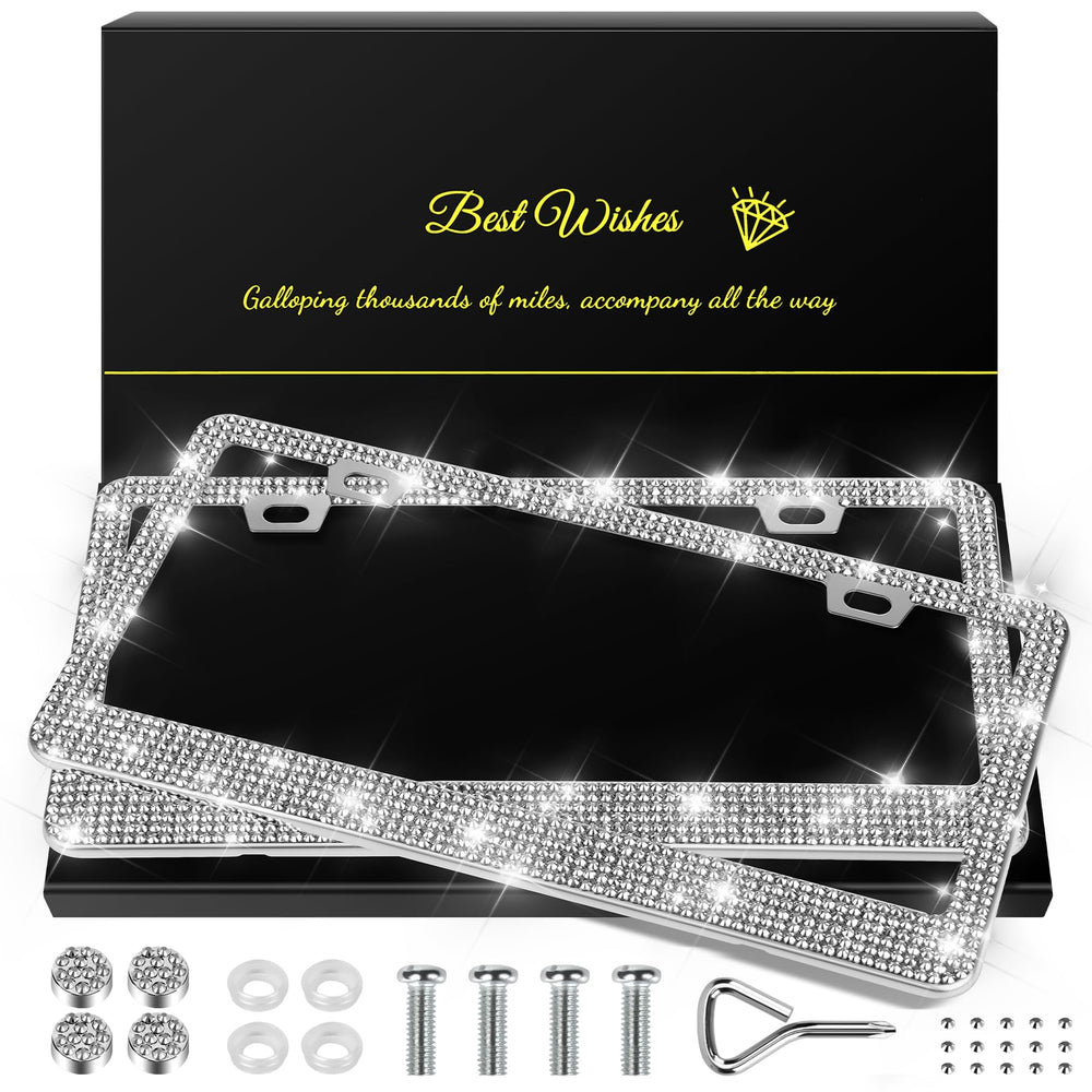 QUANQIUFEI front view of silver bling license plate frame adds stylish shine