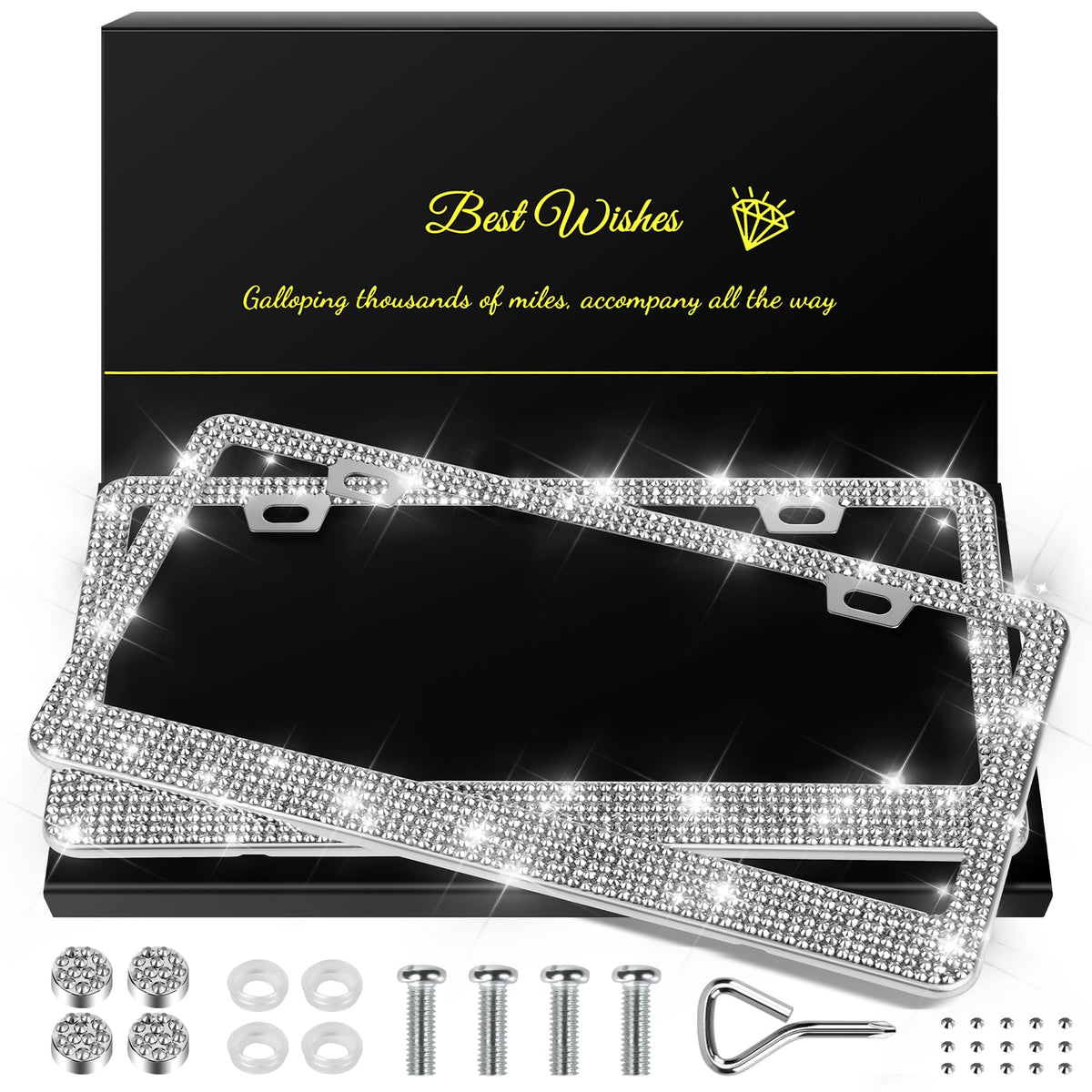 QUANQIUFEI front view of silver bling license plate frame adds stylish shine
