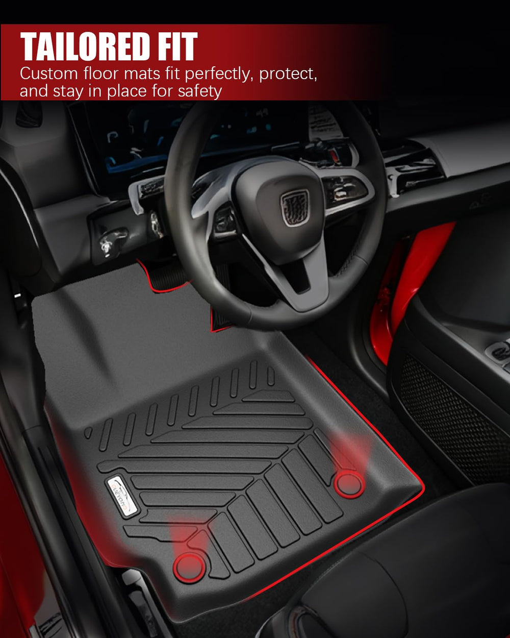 QUEYNOD driver-side fit closeup demonstrating secure, pedal-safe fit