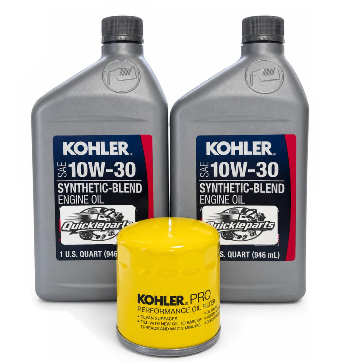QUICKIEPARTS front packaging showing oil and filter for easy identification and fast service