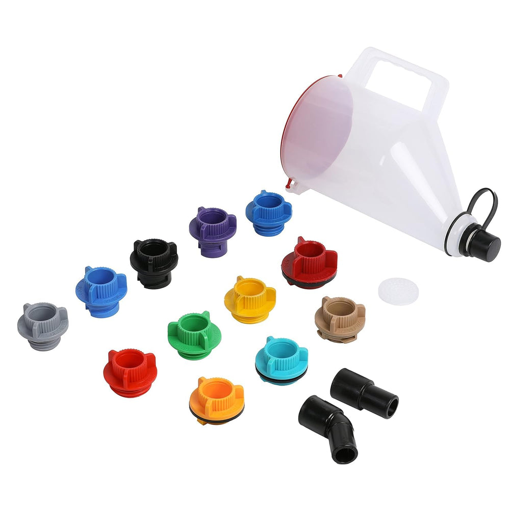 QUICKLO funnel front view showing 1.5 quart capacity and adapters for clean pours