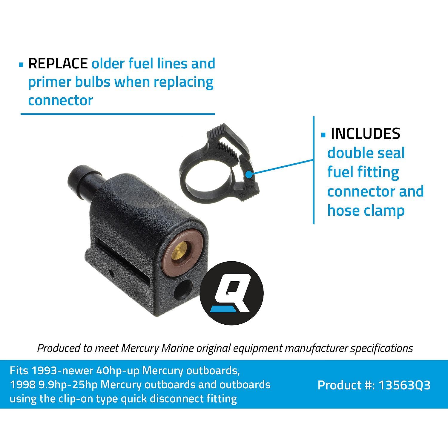 Quicksilver 13563Q3 barb close-up on 5/16" fitting, highlights tight hose seal