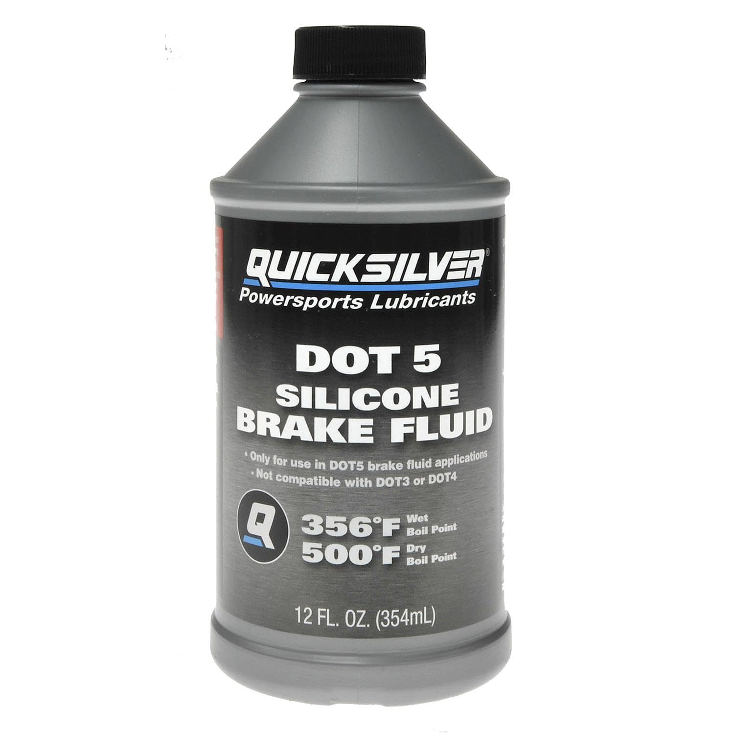 Quicksilver DOT 5 bottle front view showing label and 12 oz size benefits