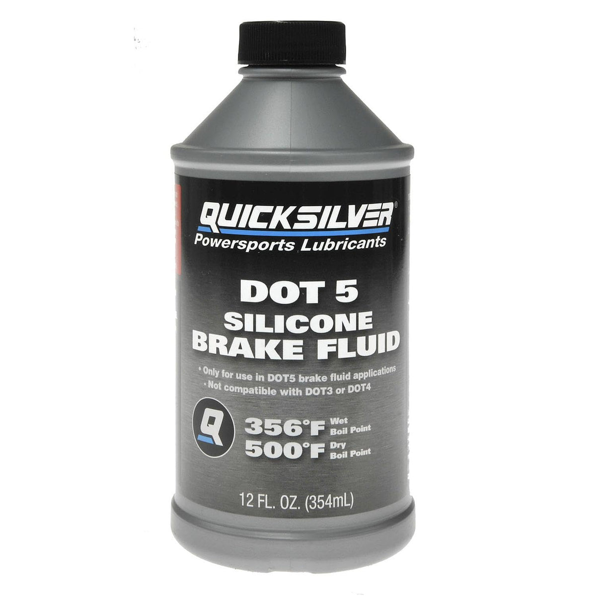 Quicksilver DOT 5 bottle front view showing label and 12 oz size benefits
