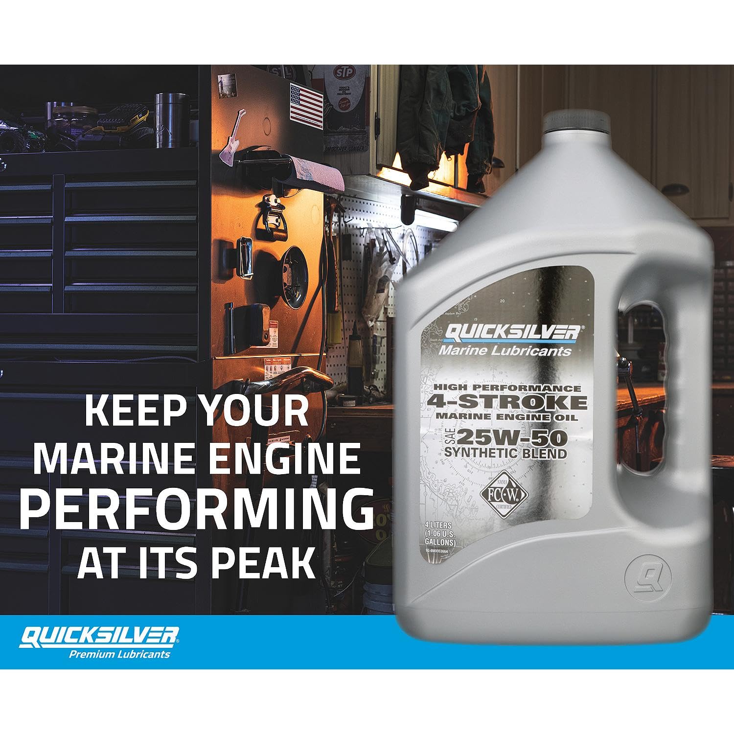 Quicksilver bottle in an engine bay showing correct application for marine engines