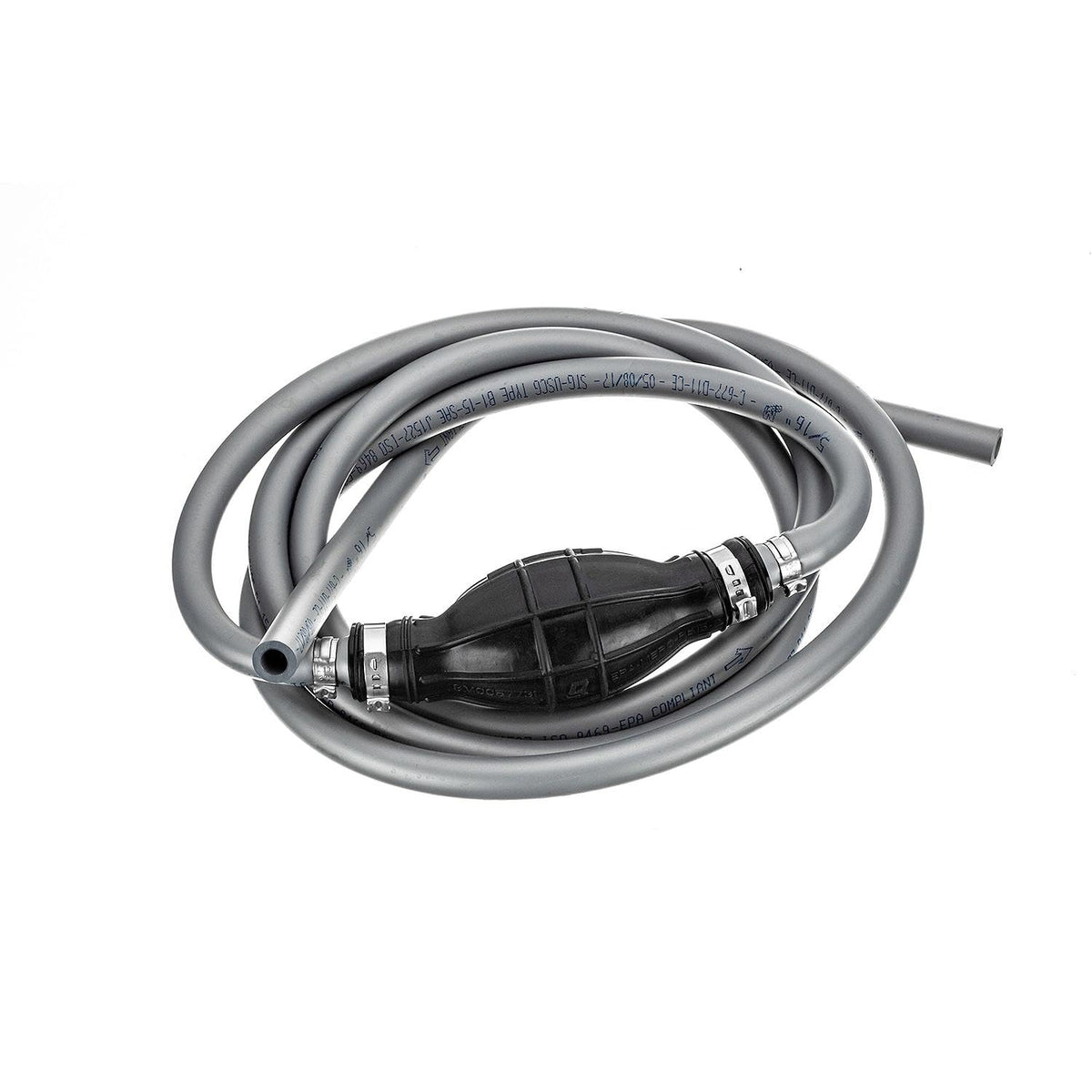 Quicksilver front view of 9ft fuel line assembly showing product and primer bulb benefits