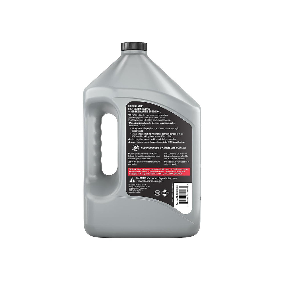 Quicksilver label close-up highlighting 25W-50 and FC-W compliance benefits