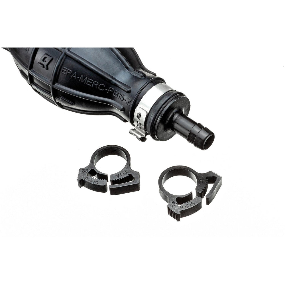 Quicksilver primer bulb with included hose clamps highlighting secure connection benefit