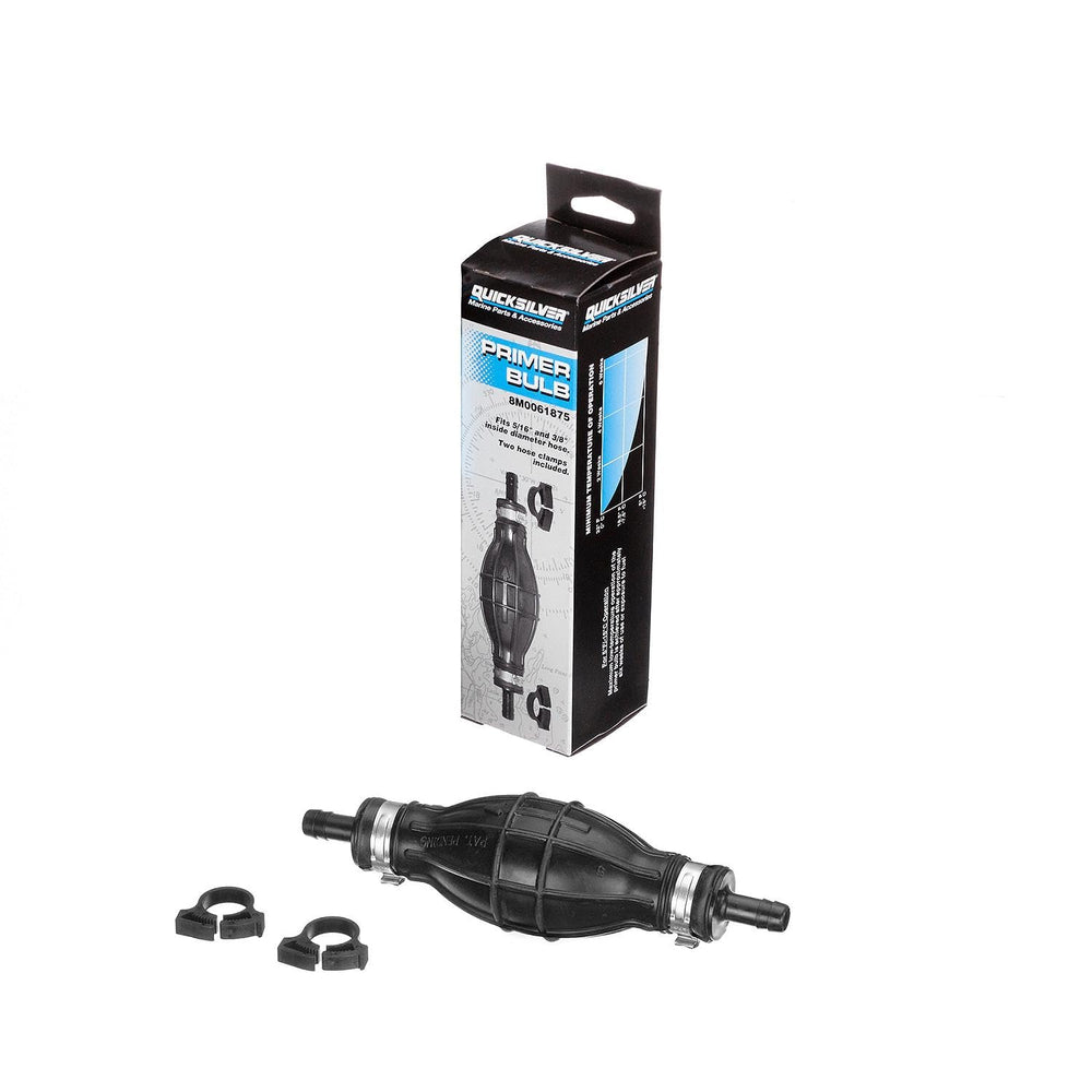Quicksilver primer bulb installed on fuel line illustrating easy fit and leak prevention