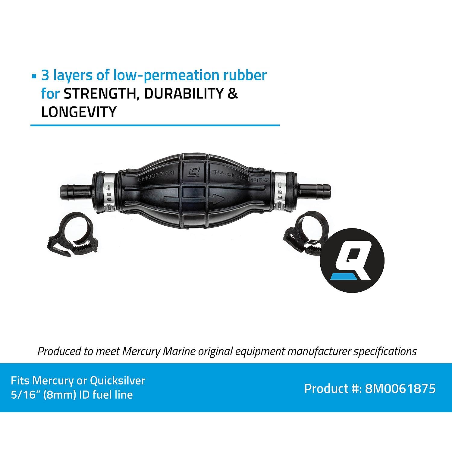 Quicksilver primer bulb beside ruler showing size and compatibility with 5/16 inch hose